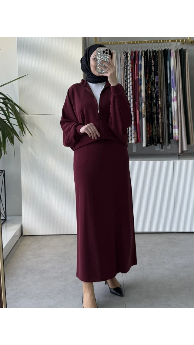 Tığ Triko Pilikaşe Detaylı Fermuarlı Hırka Etekli Takım BORDO