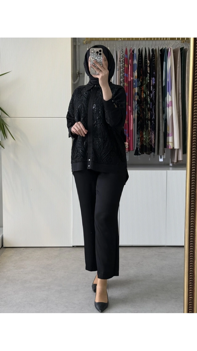 TIĞ TRİKO Pul Nakış Brode Kombinli Gömlek Tunik Pantolon Takım 5087 Siyah