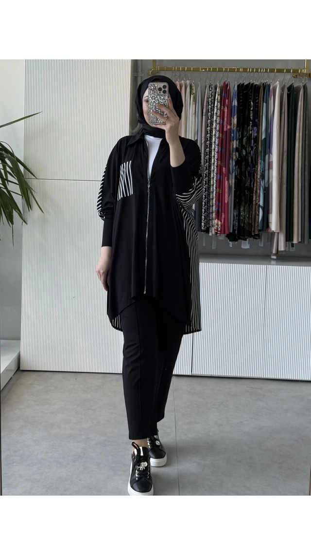 TIĞ TRİKO Önden Fermuarlı Sırtı Çizgi Desenli Tunik Pantolon Takım 5090 Siyah