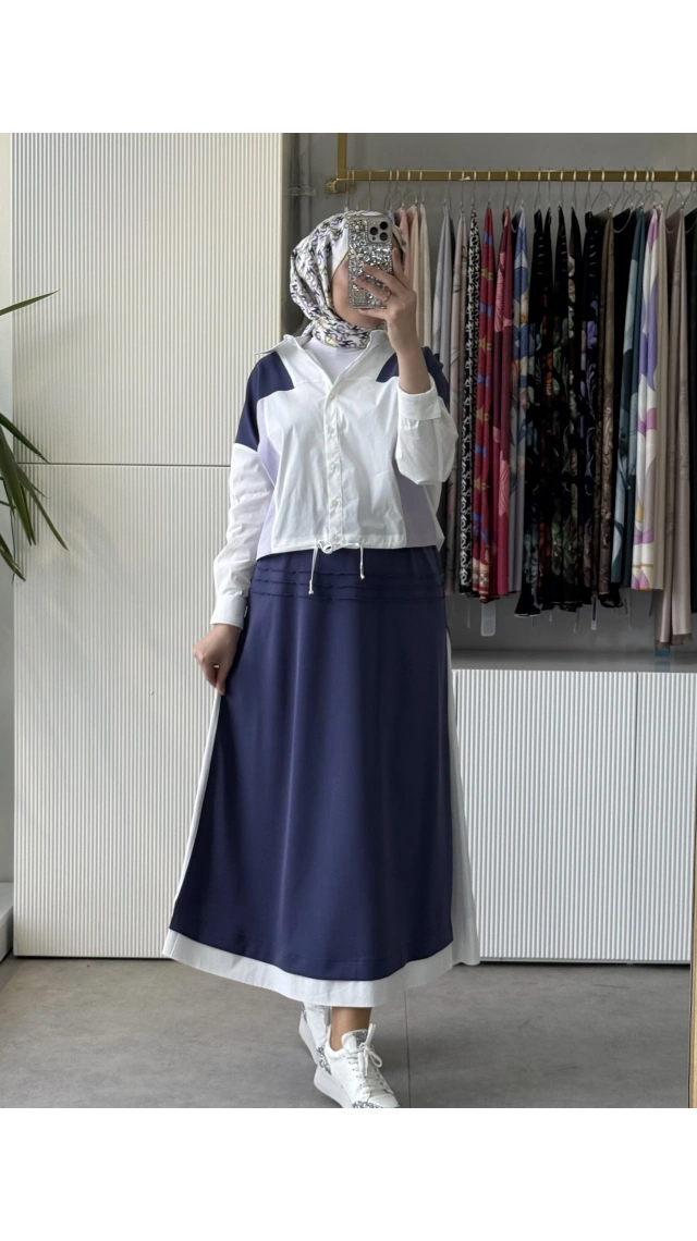 TIĞ TRİKO Kontrast Parçalı Ayarlanabilir Bel Detaylı Gömlek Etek Takım 5098 Lacivert