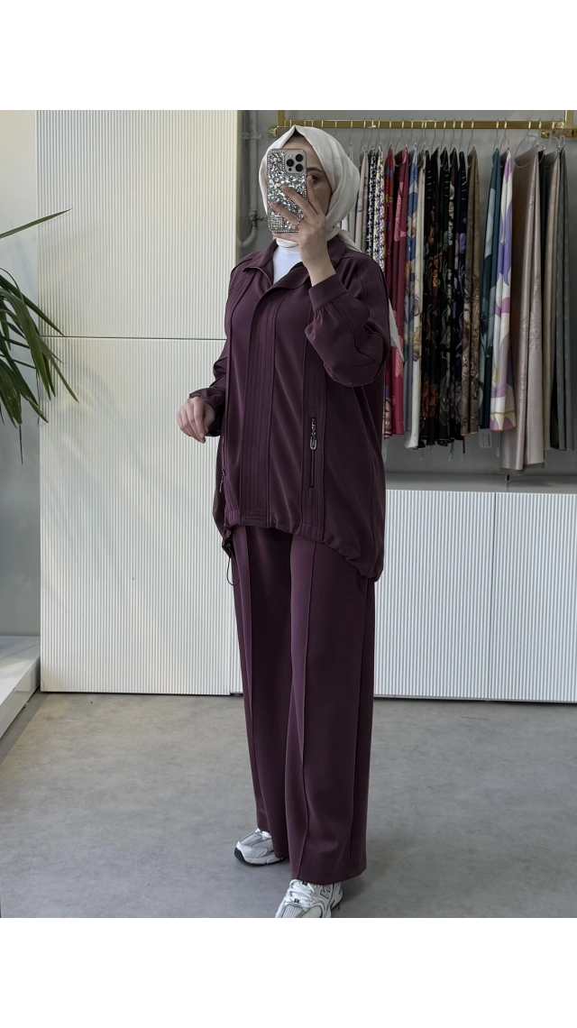 TIĞ TRİKO Spor Dikiş Detaylı Taşlı Elcikli Fermuar Cepli Pantolonlu Takım Bordo