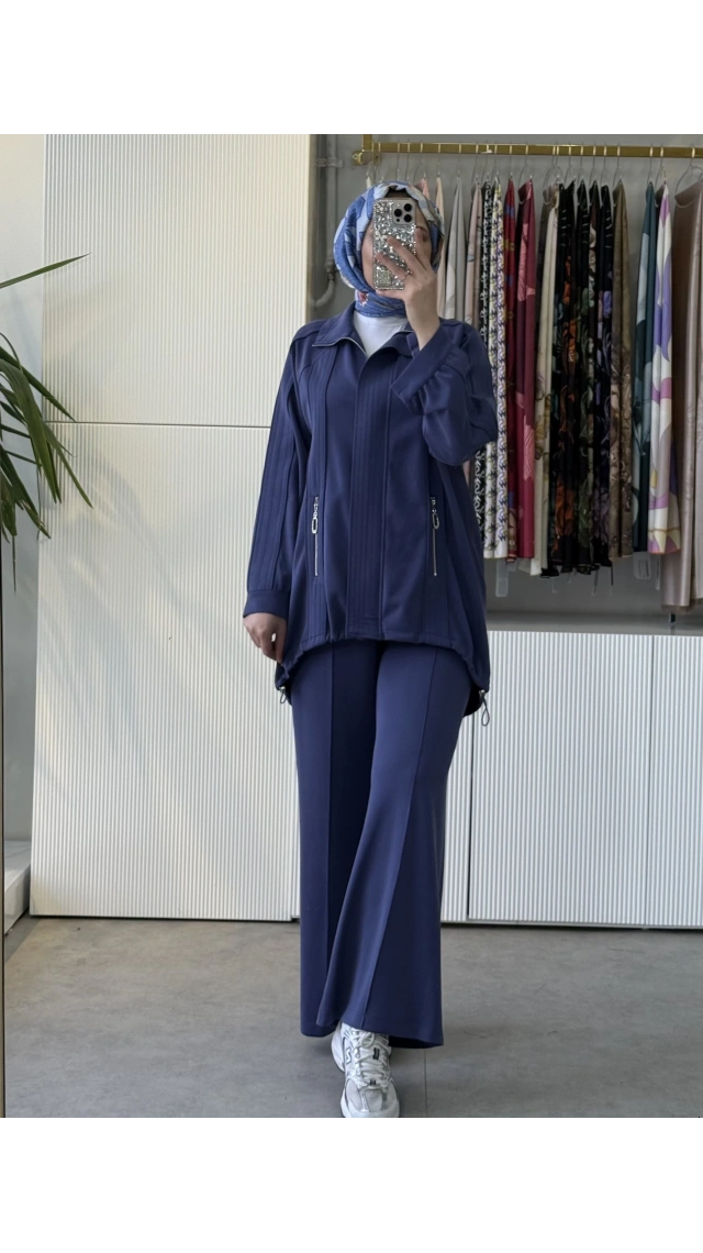 TIĞ TRİKO Spor Dikiş Detaylı Taşlı Elcikli Fermuar Cepli Pantolonlu Takım Lacivert