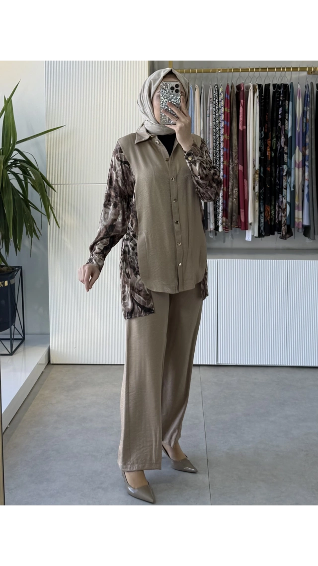 TIĞ TRİKO Leopar Desen Kombinli Dokuma Gömlek Pantolon Takım 5102 Camel