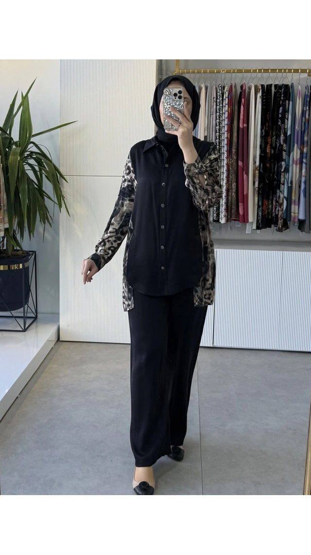 TIĞ TRİKO Leopar Desen Kombinli Dokuma Gömlek Pantolon Takım 5102 Siyah