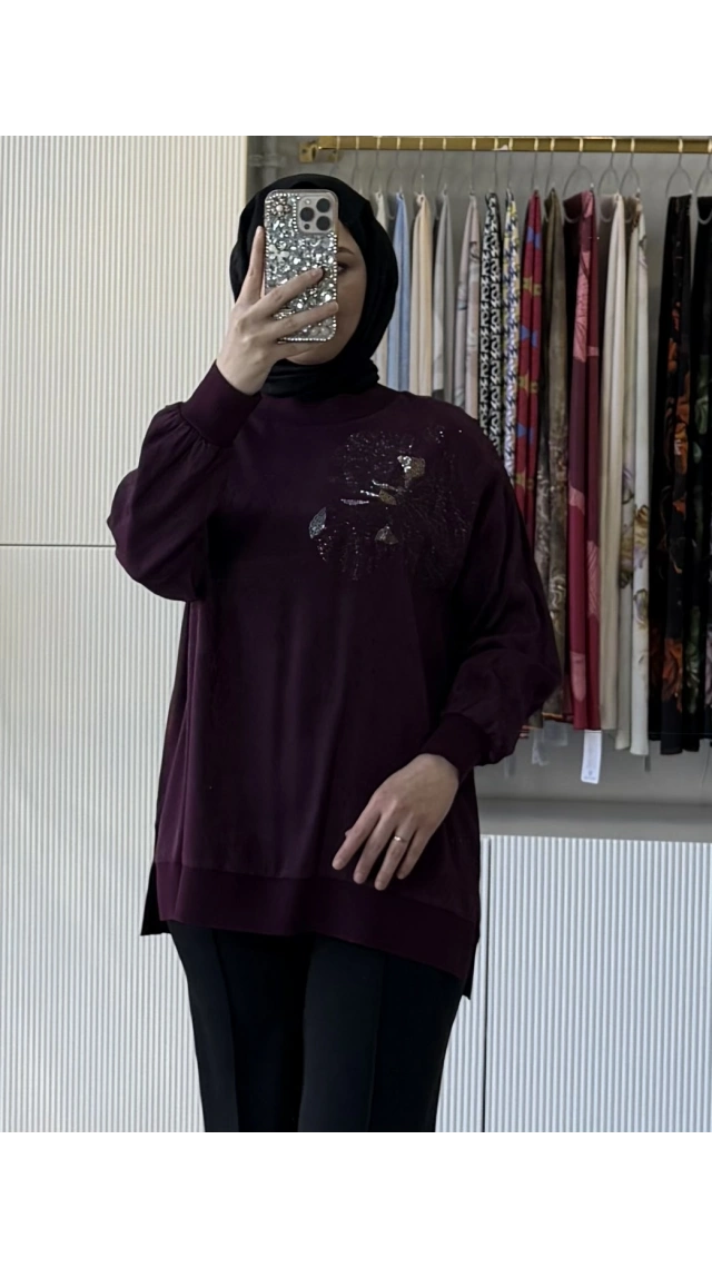 TIĞ TRİKO Taşlı Desenli Ribana Detaylı Tunik 4010 Mürdüm