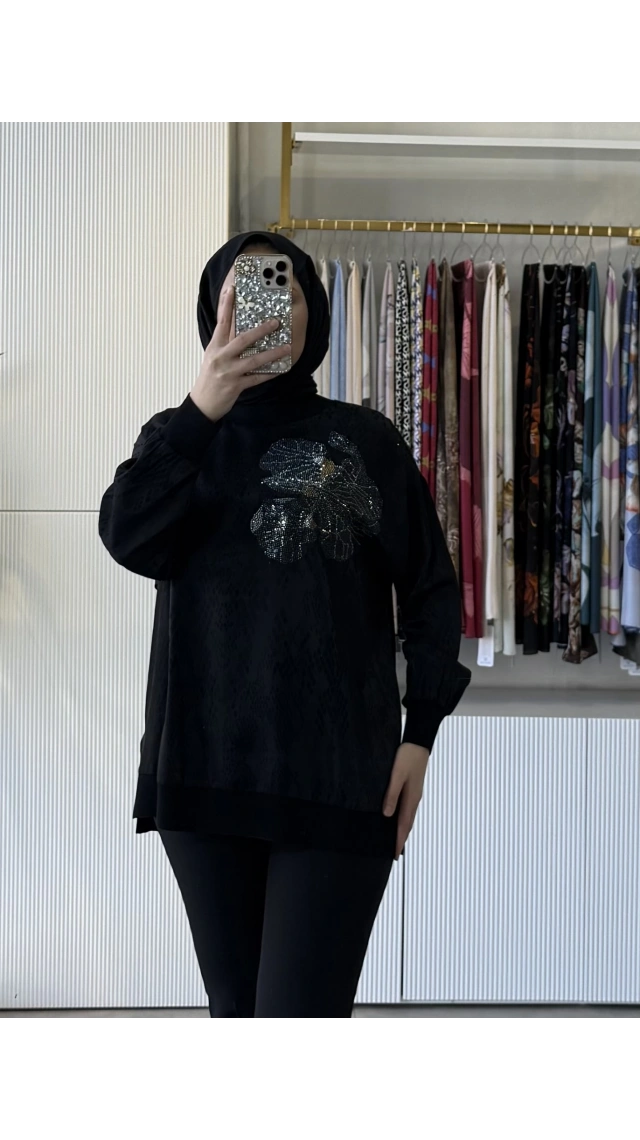 TIĞ TRİKO Taşlı Desenli Ribana Detaylı Tunik 4010 Siyah