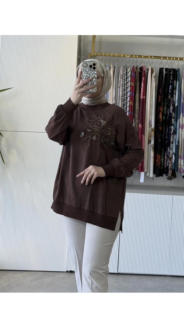 TIĞ TRİKO Taşlı Desenli Ribana Detaylı Tunik 4010 Kahve