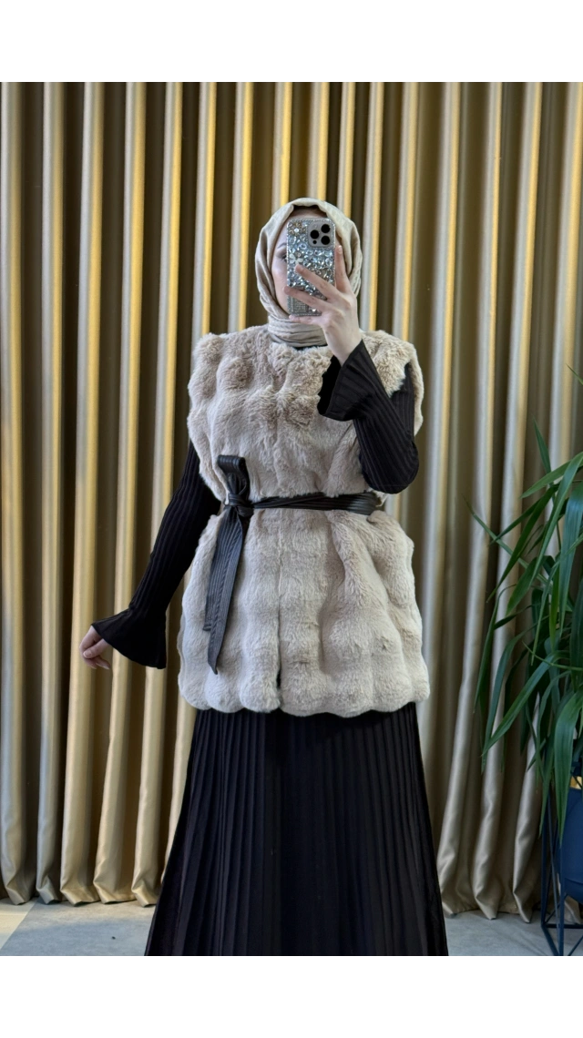 Clande Deri Kemerli Kürk Yelek