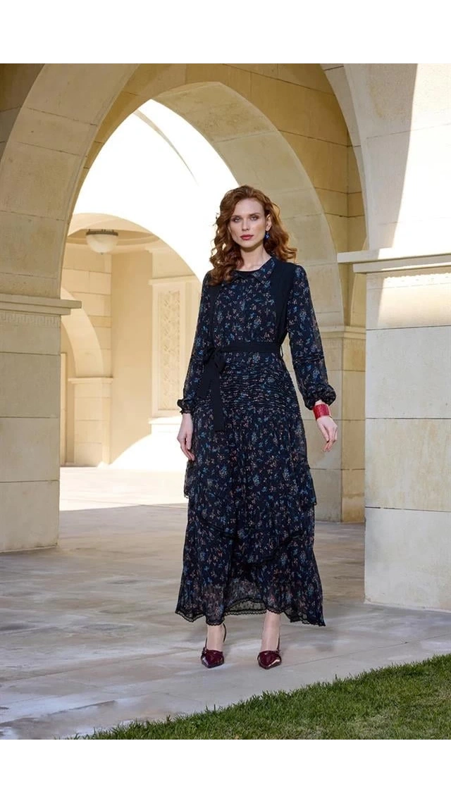 MİSSWHENCE 37819 BELİ KEMERLİ İKİLİ ŞİFON ELBİSE