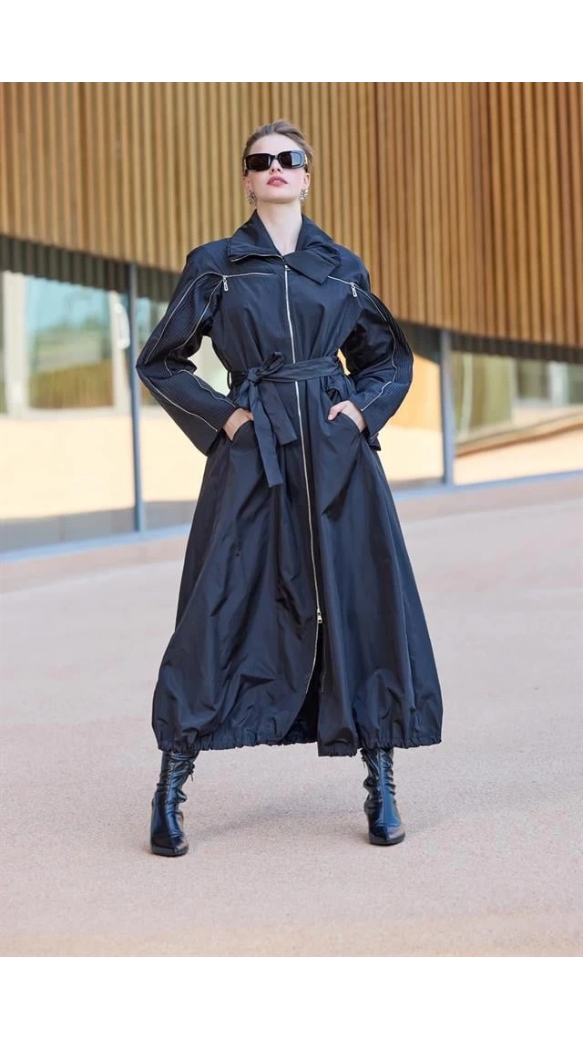 MissWhence 38506 Nervür Detaylı Pardesü Siyah