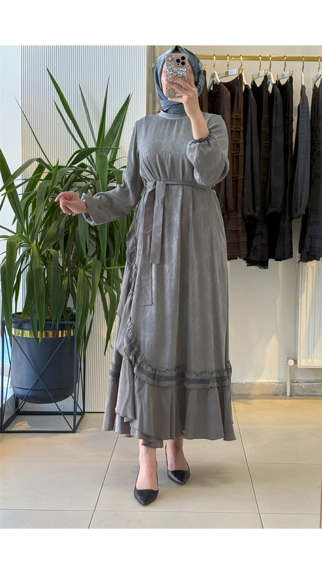 MissWhence 38806 Cupro Dantel Detaylı Elbise Gri