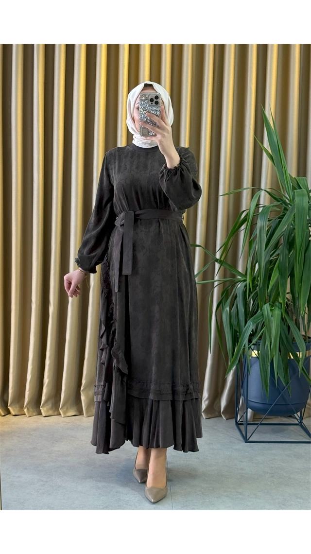 MissWhence 38806 Cupro Dantel Detaylı Elbise Kahverengi