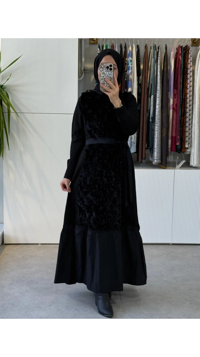 Misswhence 40801 Önü Kadife ve Saçak Detaylı Örme Elbise Siyah