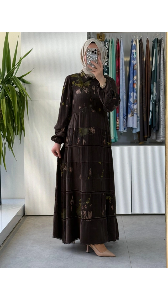 MissWhence 40823 DESENLİ ELBİSE KAHVE