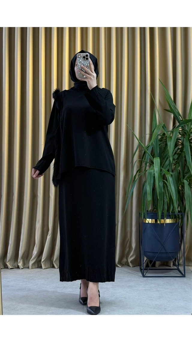 MissWhence Miss268 Kürklü Triko Tunik Siyah