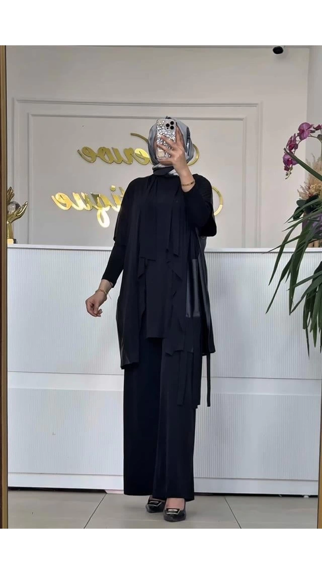 NURCAN ÇETİN 25622 DERİ DETAYLI 3LÜ YELEKLİ TAKIM