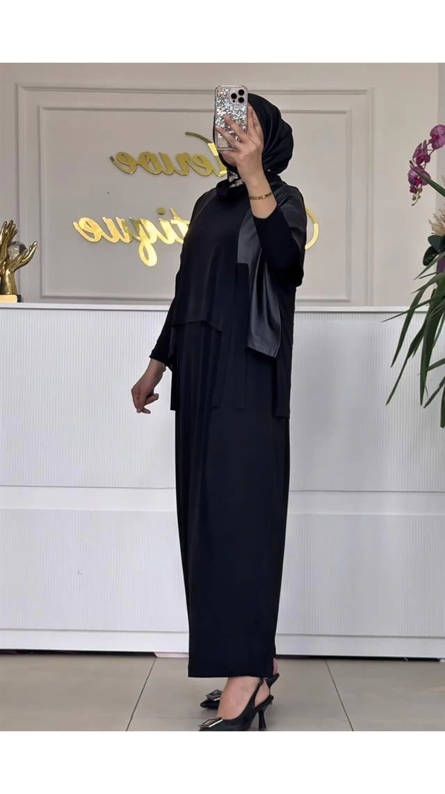 NURCAN ÇETİN 25623 DERİ DETAYLI YELEKLİ ELBİSE