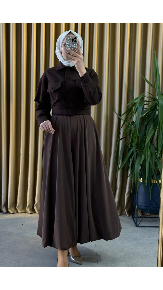 TERZİ DÜKKANI BELLA BALON ETEK DETAYLI KOLSUZ ELBİSE-CEKET TAKIM KAHVE