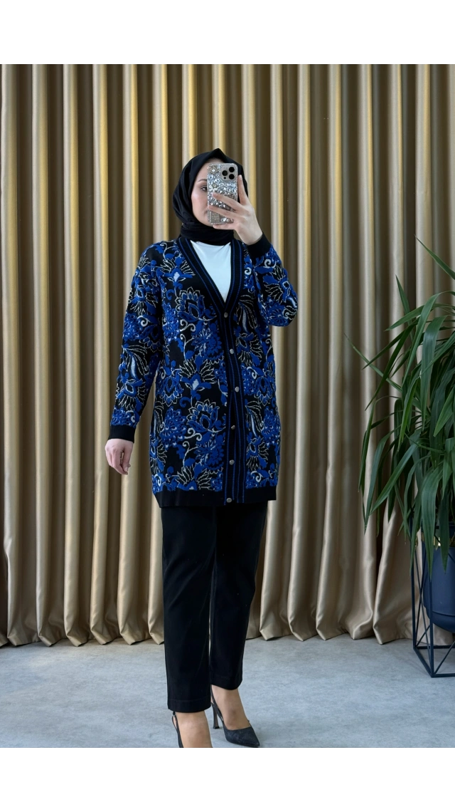 Tığ Triko Çiçek Desenli Kabartmalı Triko Hırka SİYAH SAKS