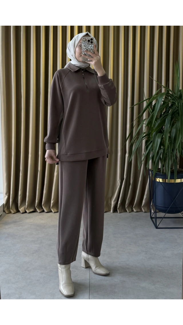 Tığ Triko Pile Özellikli Pantolonlu Takım Kahve