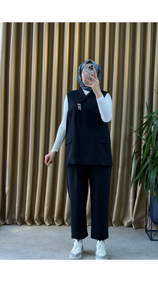 Tığ Triko Tek Düğmeli Yelek Pantolon Takım Siyah