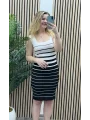 Askılı Çizgili Triko Elbise - PEMBE-SİYAH