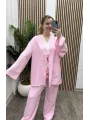 Bağlamalı İkili Keten Takım - PEMBE