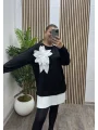 Çiçek Detay Modal Bluz - SİYAH
