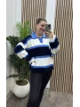 Çizgili Polo Yaka Triko Kazak - MAVİ