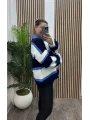 Çizgili Polo Yaka Triko Kazak - MAVİ