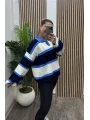 Çizgili Polo Yaka Triko Kazak - MAVİ
