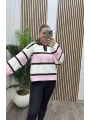 Çizgili Polo Yaka Triko Kazak - PEMBE