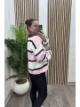Çizgili Polo Yaka Triko Kazak - PEMBE