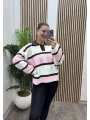 Çizgili Polo Yaka Triko Kazak - PEMBE