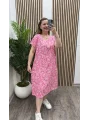 Desenli V Yaka Salaş Elbise - PEMBE