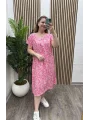 Desenli V Yaka Salaş Elbise - PEMBE