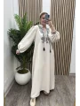 Desenli V Yaka Keten Elbise