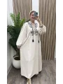 Desenli V Yaka Keten Elbise