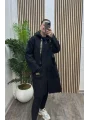 Kapüşonlu Siyah Peluş Kaban