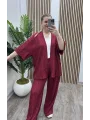 Pileli İkili Kimono Takım - BORDO