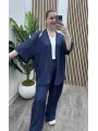 Pileli İkili Kimono Takım - LACİVERT