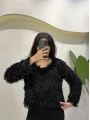 Simli Saçaklı Bluz - Siyah