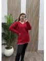 V Yaka Çizgi Detay Triko Kazak - KIRMIZI