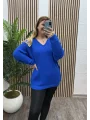 V Yaka Selanik Triko Bluz - SAKS MAVİ