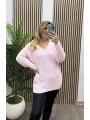 V Yaka Selanik Triko Bluz - TOZ PEMBE