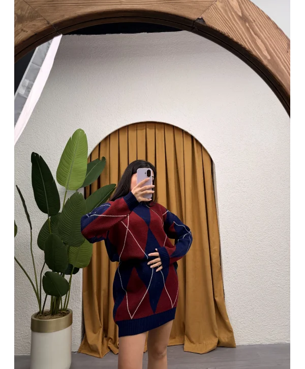 Jakarlı Baklava Desen Elbise