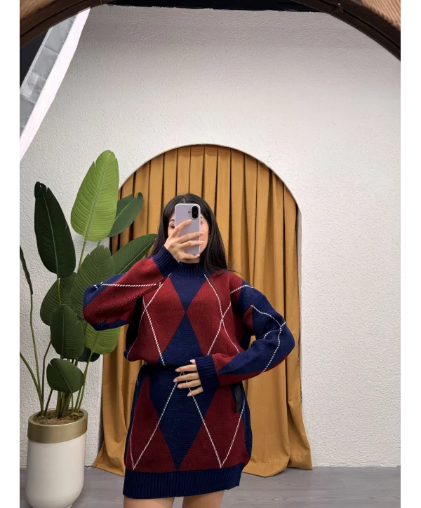 Jakarlı Baklava Desen Elbise