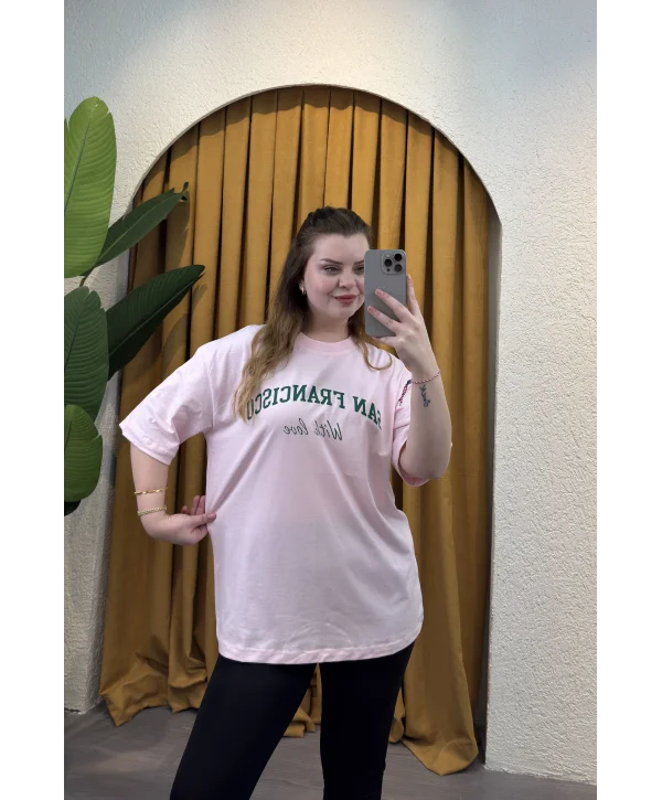 Oversize Basic Baskılı T-Shirt - TOZPEMBE