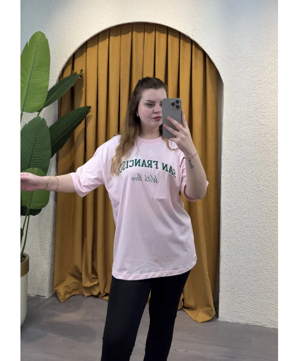 Oversize Basic Baskılı T-Shirt - TOZPEMBE