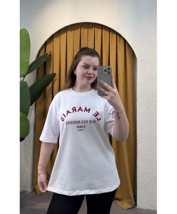 Oversize Basic Baskılı T-Shirt - BEYAZ